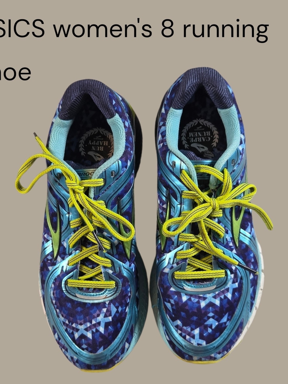 ASICS Women's 8 Blue Patterned Running Shoes with Yellow Accents